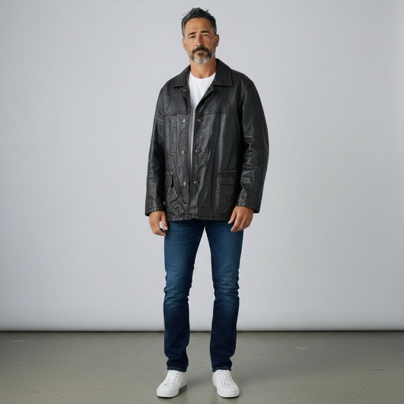 Vintage Mansion Black Genuine Leather Car Coat Jacket – Men’s Size 42 IT Large - Picture 1 of 7